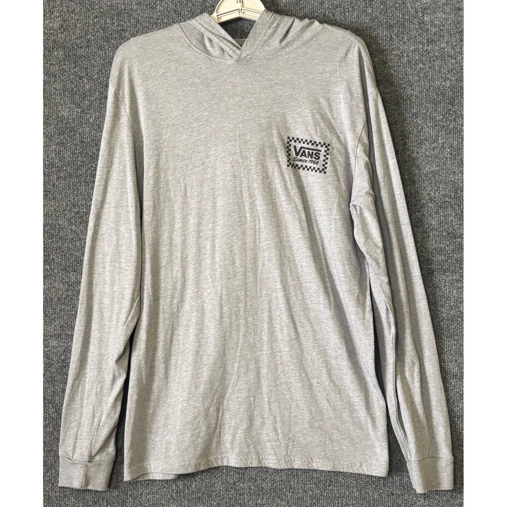Vans Mens Long Sleeve Hooded T-Shirt Gray Checkerboard Logo Graphic‎ Tee Large